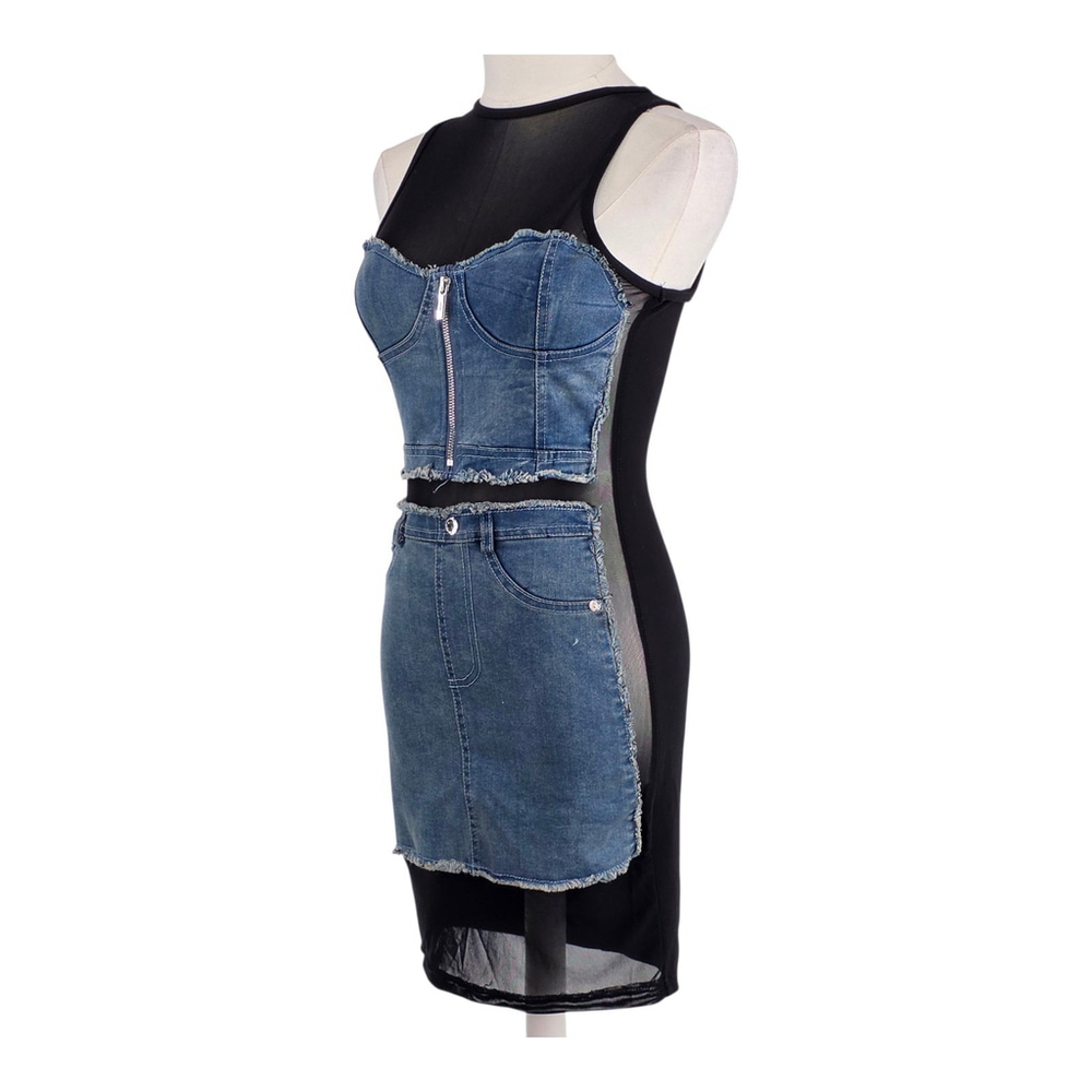 Coquette Manière De Voir Denim Corset Mesh Bodycon Mini Dress Women’s 8 Black... - Picture 2 of 12